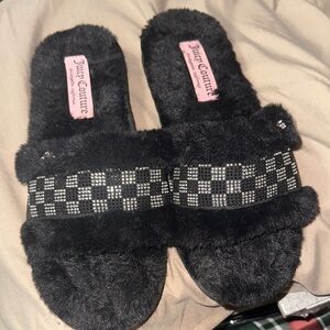 Juicy Couture Black Furry Slippers with Rhinestone Detail
